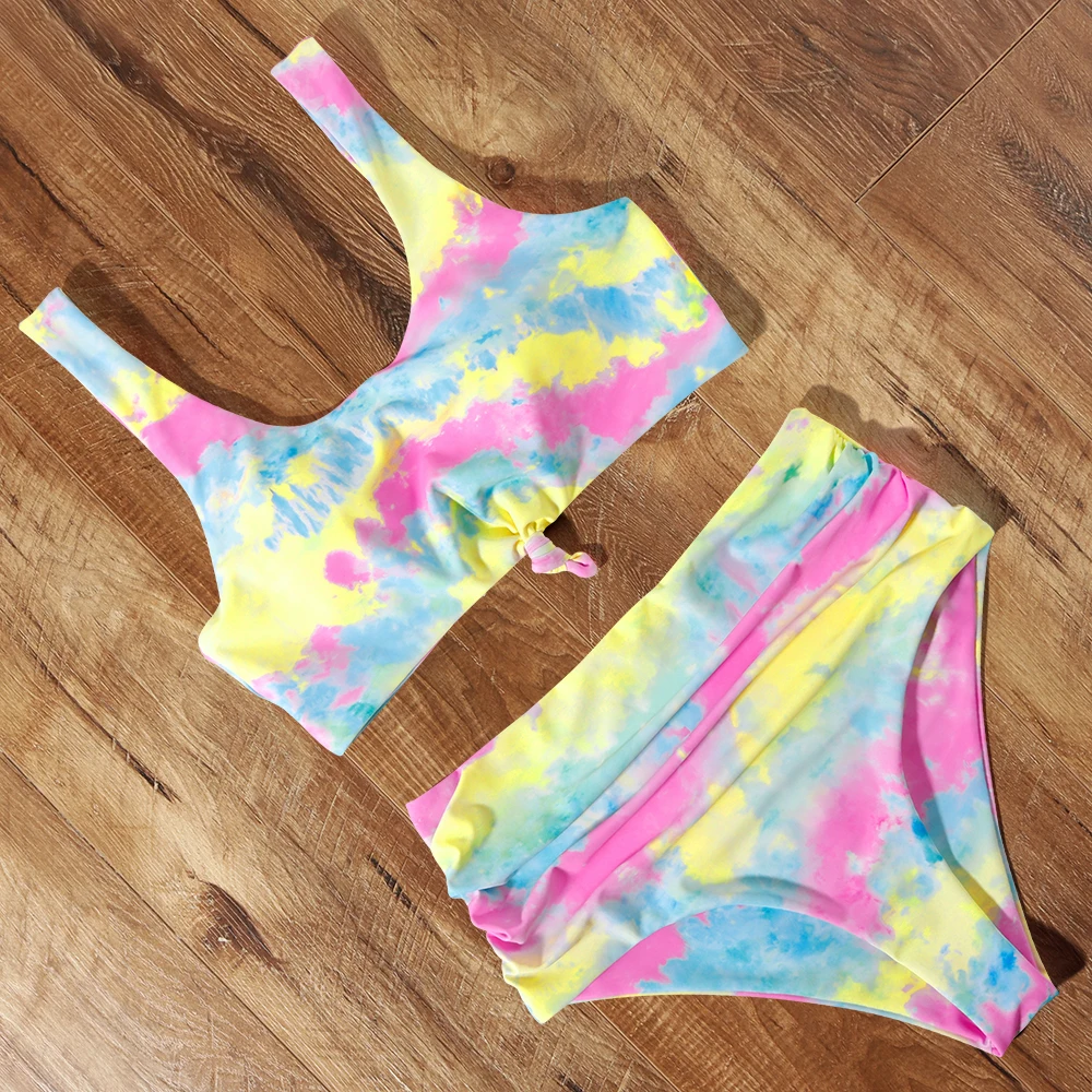 Купальный костюм с галстуком-краской бикини 2020 бандаж пуш-ап комплект высокой