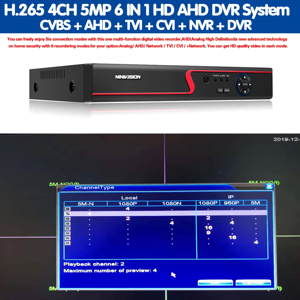 5 МП 6 в 1 HD TVI CVI AHD IP Security DVR 4 канальный регистратор H.265 цифровой видеорегистратор с
