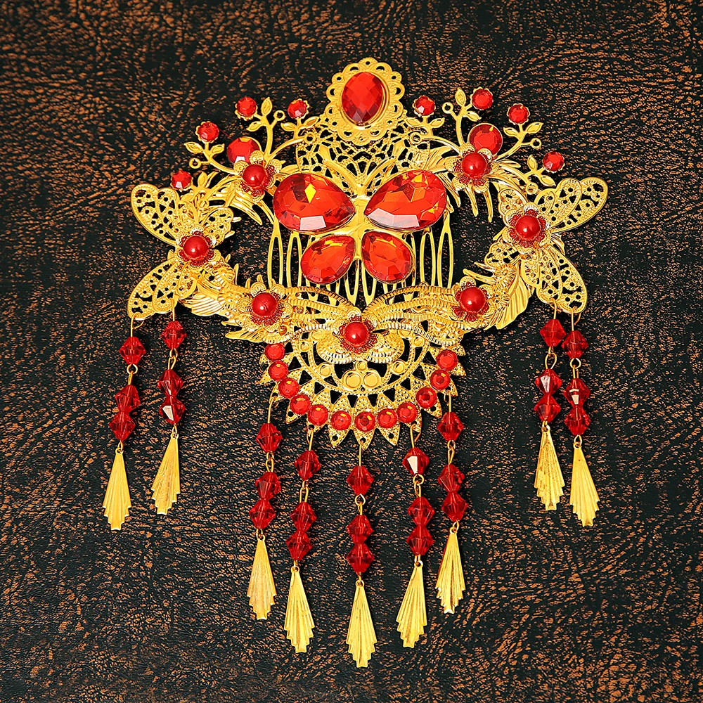 Женские свадебные аксессуары для волос в китайском стиле красные Кристальные