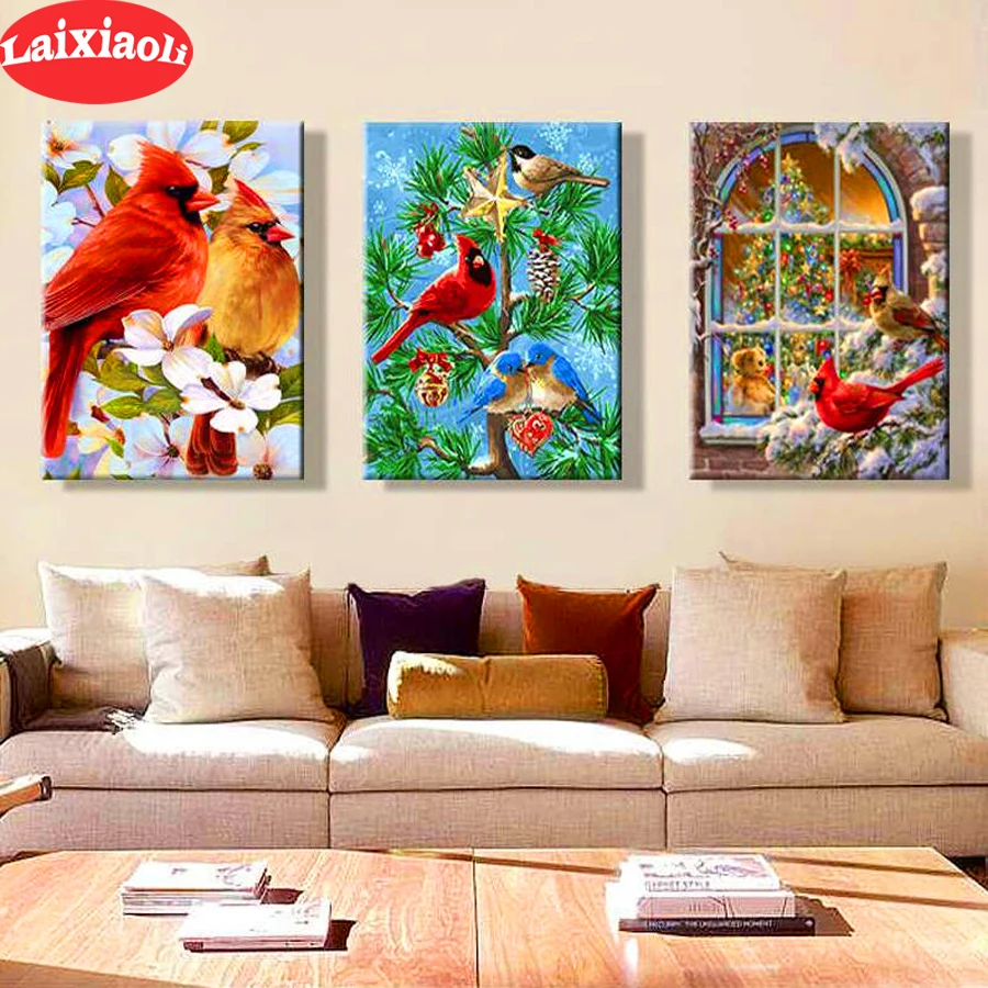 

full square diamond painting parrot birds pictures 3pcs embroidery round diamond mosaic paintings tree Christmas wall decoration