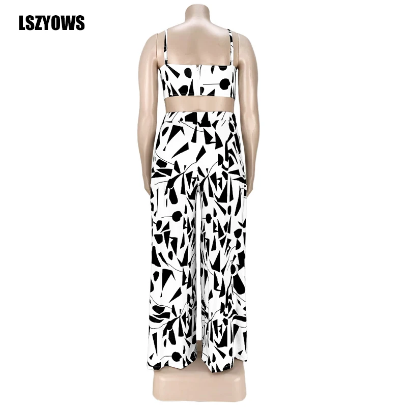 

Fashion Printed Two Piece Sets Plus Size Clothes Women Spaghetti Strap Sleeveless Crop Top + Loose Wide Leg Pants Casual Outfits