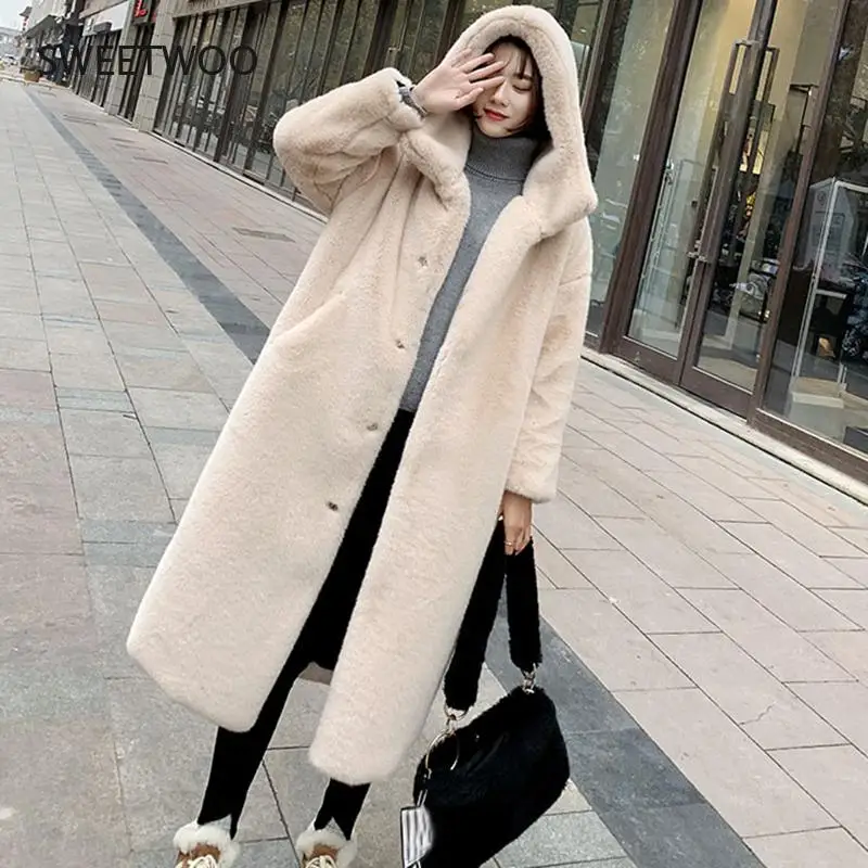 Winter Women High Quality Faux Rabbit Fur Coat Luxury Long Fur Coat Loose Lapel Overcoat Thick Warm  Female Plush Coats