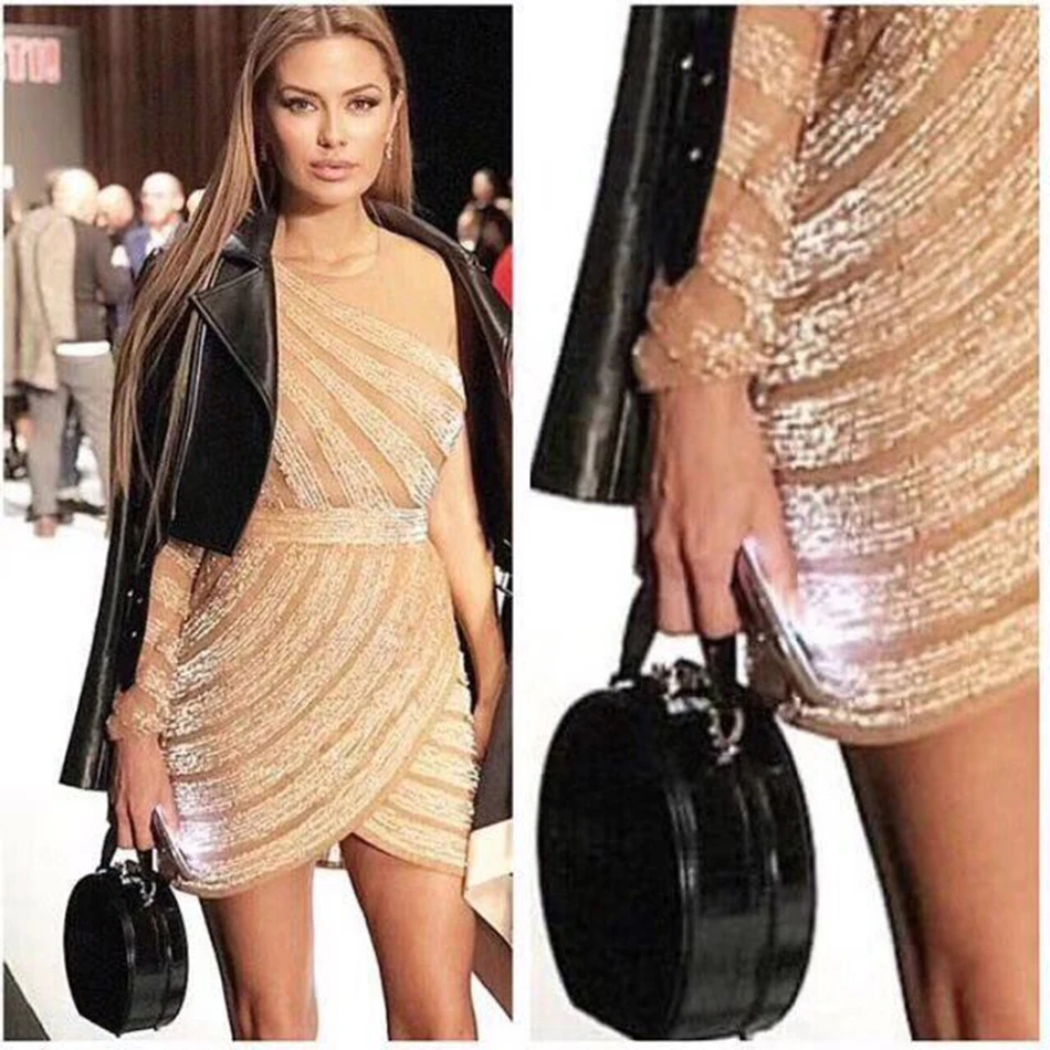 Платье мини с длинным рукавом модное облегающее платье на одно плечо кристаллами