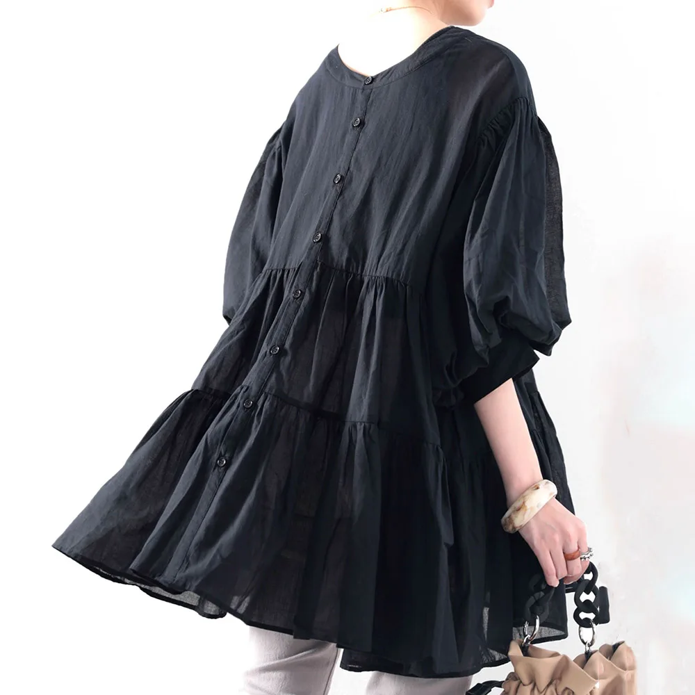 

Blouse Button Plain Ladies Fashion Medium And Long Three-Quarter Sleeve Shirt 2021 New Women Sweet Clothes