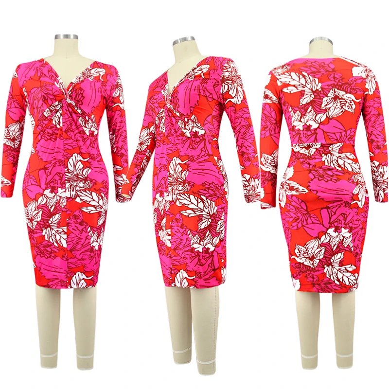 

Zoctuo Print Midi Dresses V-Neck Sexy Bodycon Dress High Waist Long Sleeve Party Club Dresses For Women Plus Size XL-5XL Dress