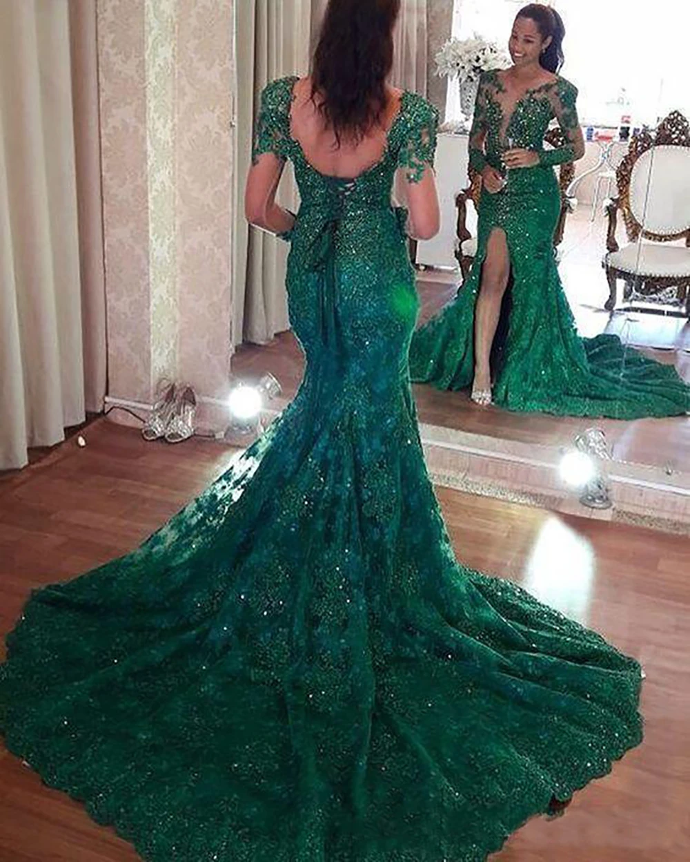 

Formal Dresses Mermaid Thigh-High Slits O-Neck Long Sleeve Beaded Sweep Train Prom Party Gown Illusion Evening Dress Trumpet