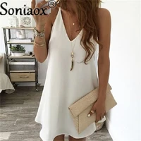 2021 new casual chic chiffon solid color sling mini dress women holiday v neck swing dress summer sexy backless ladies dresses