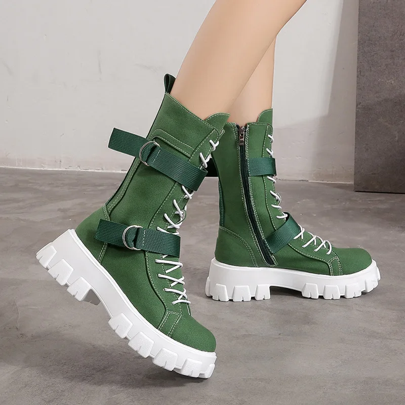 

Spring Style Platform Shoes Women Comfortable Casual Zipper Mid-Calf Boots Round Toe Flat Women Boots 2021 New