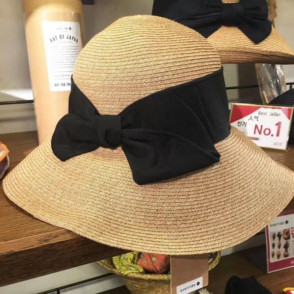 Women Summer Beach Straw Hats Sun With Bowknot UV UPF50 Sunscreen Foldable Protective Panama Fedora Lady Hat | Аксессуары для