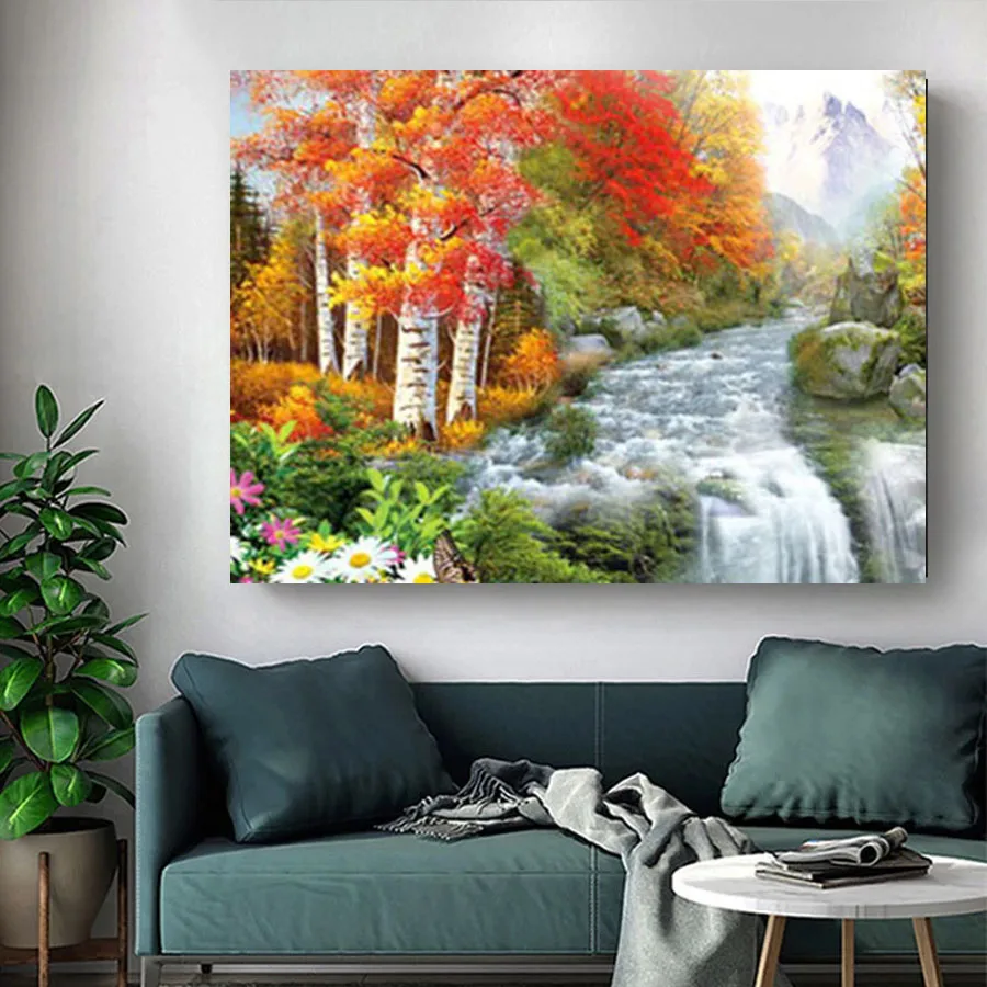 

Алмазная 5D картина «сделай сам», пейзаж водопада, вышивка крестиком, река, лес, цветы, пейзаж, Полная работа, квадратный, Круглый, A1206