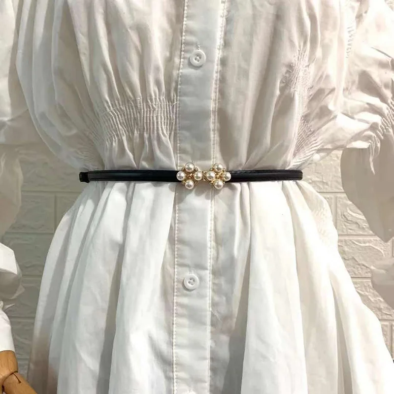 

Women Pearl Pair Buckle Belt Female PU Leather Adjustable Girdle Dress Skirt Waist Elastic Thin Belts Chains Ladies Waistband