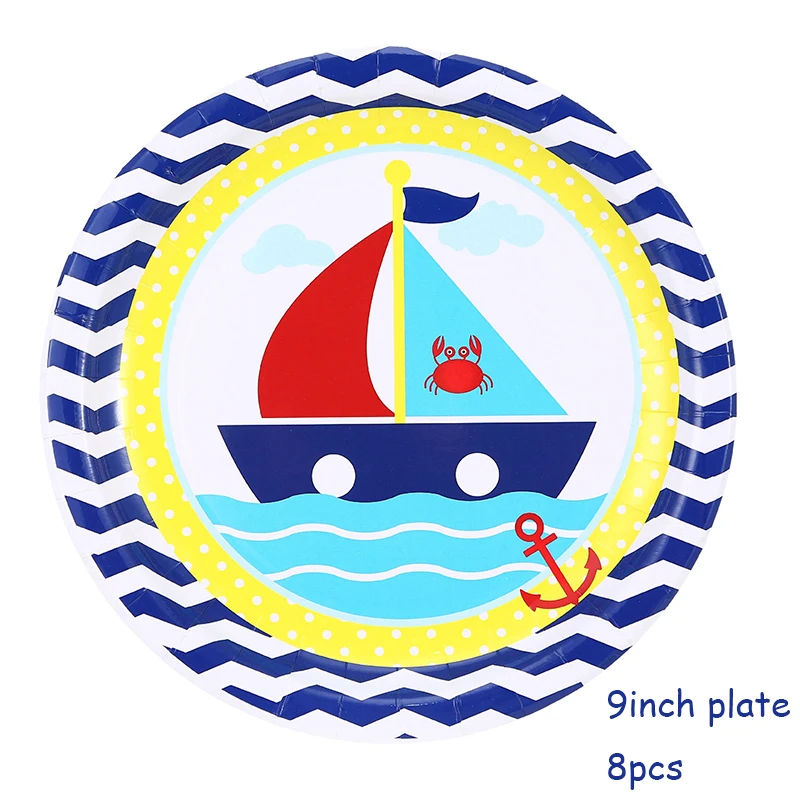 9inch plate 8pcs Стикеры морской тематики вечерние столовые приборы детский день рождения бумажные стаканчики бумажные тарелки салфетки шляпа одноразовые столовые приборы вечерние принадлежности - Цвет: 9inch plate 8pcs