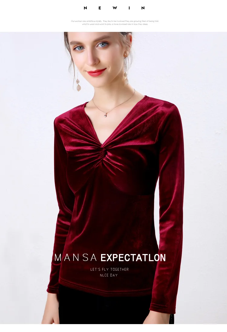 Сексуальный крест-накрест v-образным вырезом бархатные женские Blusas осень зима сексуальные велюровые рубашки Blusas Тонкий Топ Блузка Femme футболки со складками