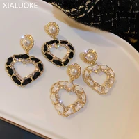 xialuoke mosaic crystal pearl ribbon wrapped heart earrings for women vintage hyperbole personality drop earrings party jewelry