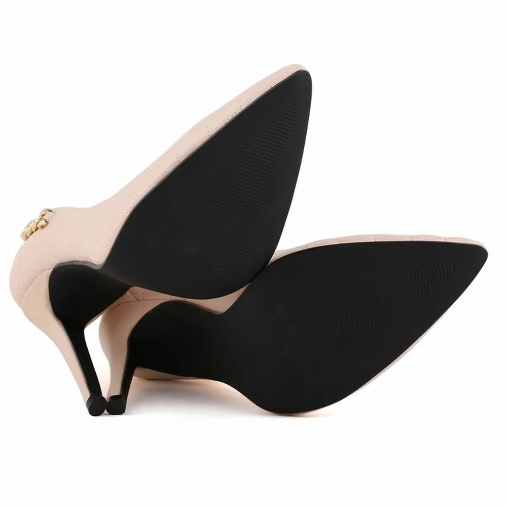 

Free shipping matti leather stitching checks with chain detail high heel shoes plus size pointed toe 35~42