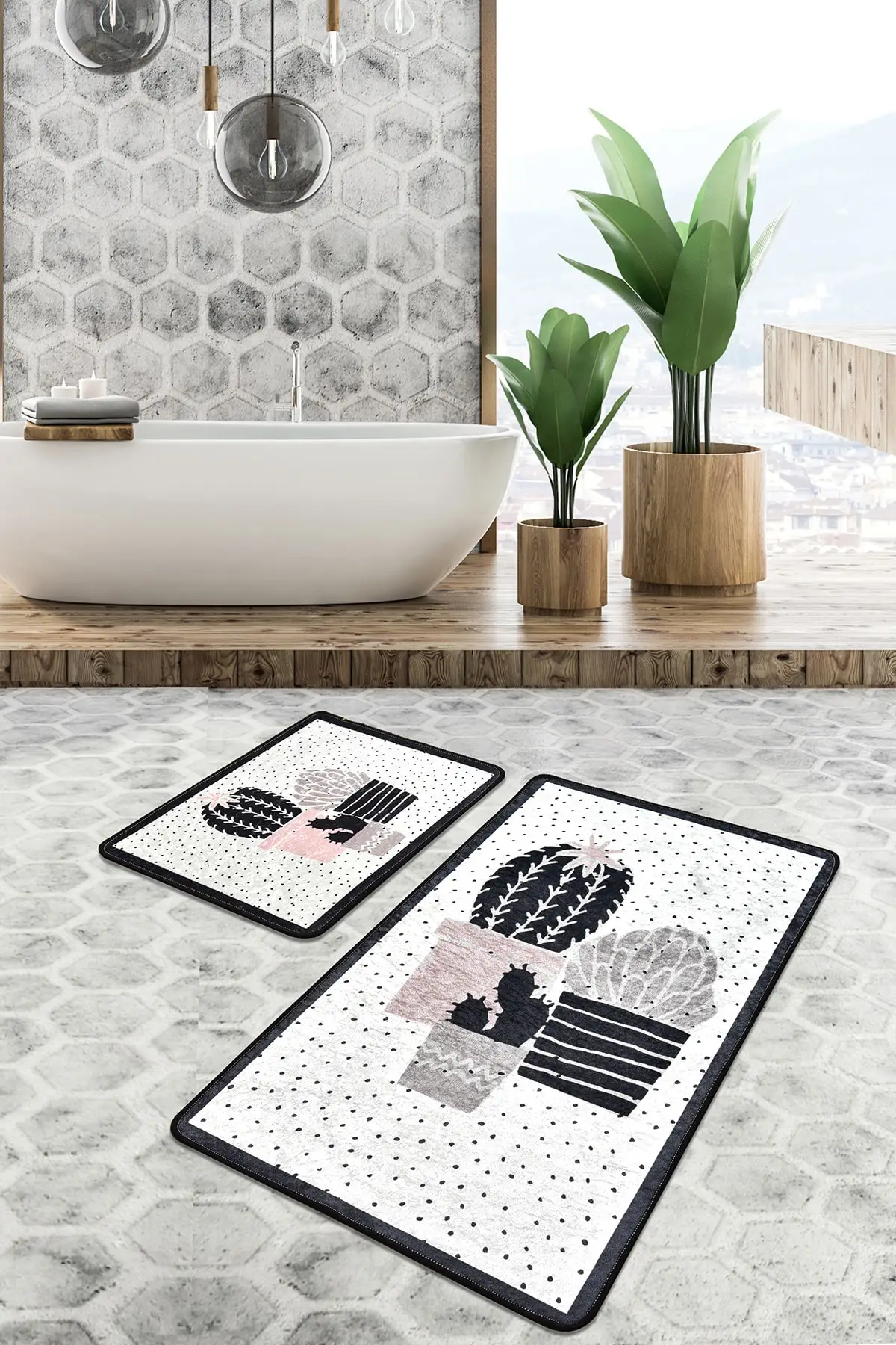 

2021 Bathroom Mat 60x100cm + 50x60cm Set Modern Antibacterial Cactus Design Ultra Soft Non-Slip Elite East West Home Textile