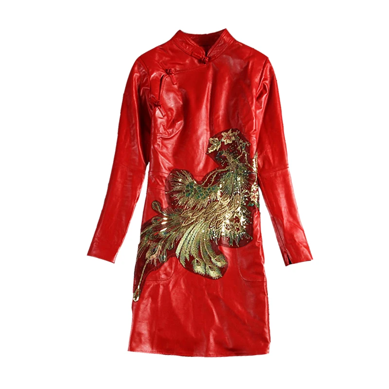 

Brand High Quality Female Dress Chinese Style Vintage Embroidery Dress Womens Luxury Slim Fit Genuine Leather Dress Plus Size