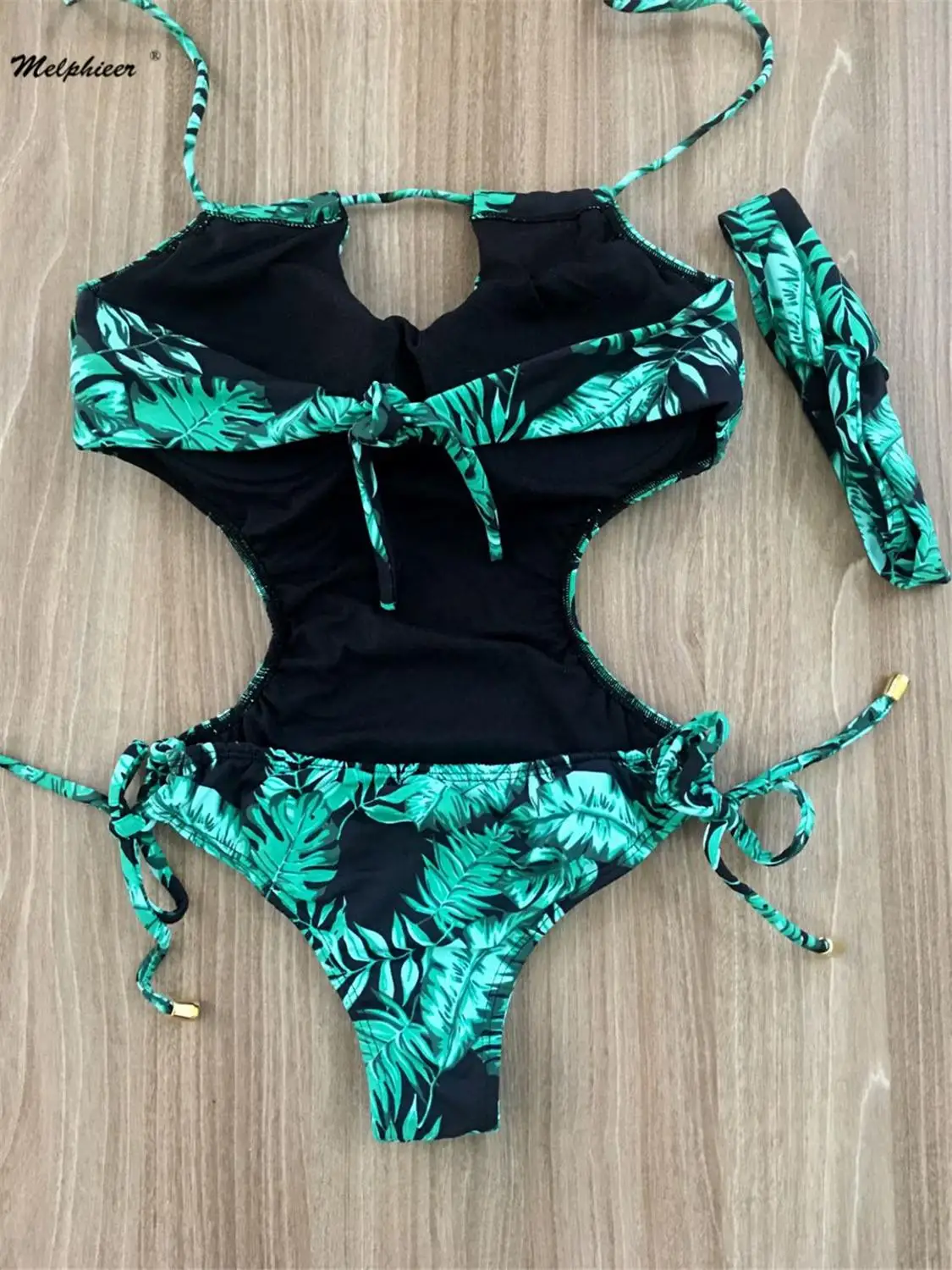 

Green leaf print Cut Out One-Piece Swimsuit Women Sexy Backless String Adjust Monokini 2020 Girls Beach Bathing Suit Swimwear xl