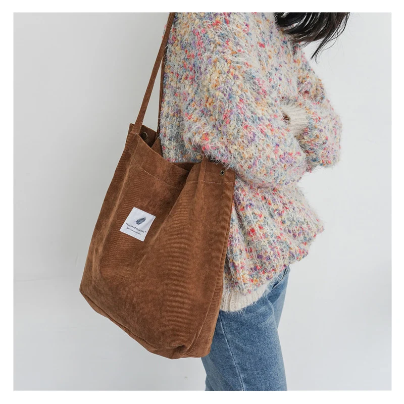 

Women Canvas Shoulder Bag Corduroy Tote Handbags Solid Cloth Fabric Soft Purse Eco friendly handbag women