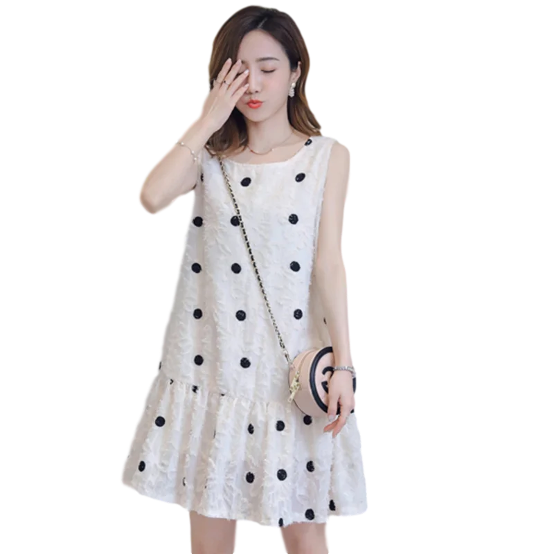 

Sleeveless Polka Dot Chiffon Dress Large Size Loose Mid-Length Women's Clothing Fashion New Temperament Fairy Skirt Summer 2021