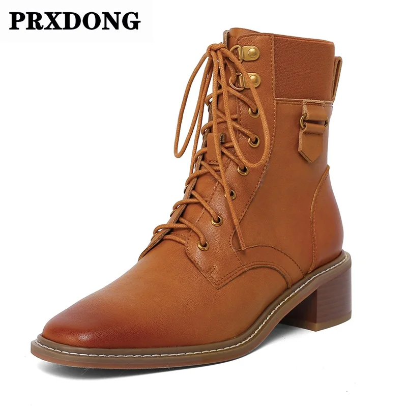 

Новая женская обувь из натуральной кожи ботильоны на шнурках брендовые ботинки на квадратном каблуке, черного/коричневого цвета на шнуровк...