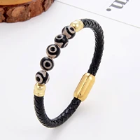 natural evil eye stone bead black leather bracelet for woman charm stainless steel magnetic buckle friendship jewelry wholesale