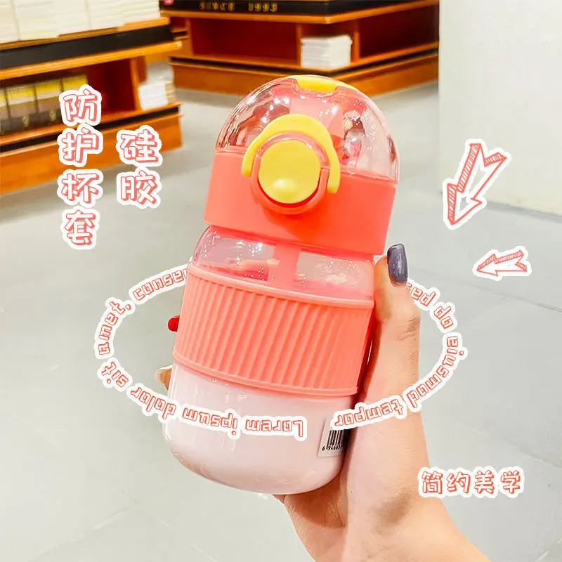 

High value children's plastic water cup Korean version lovely simple anti falling cup with straw