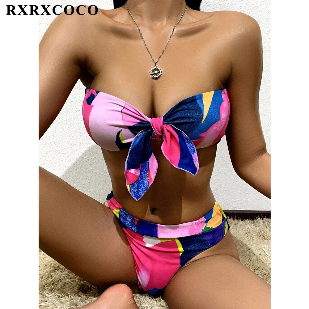 

RXRXCOCO Printed Bandeau Women Bikini 2021 High Waist Bikini Set Push Up Swimsuit Beachwear Bathing Suit Solid Swimwear Women