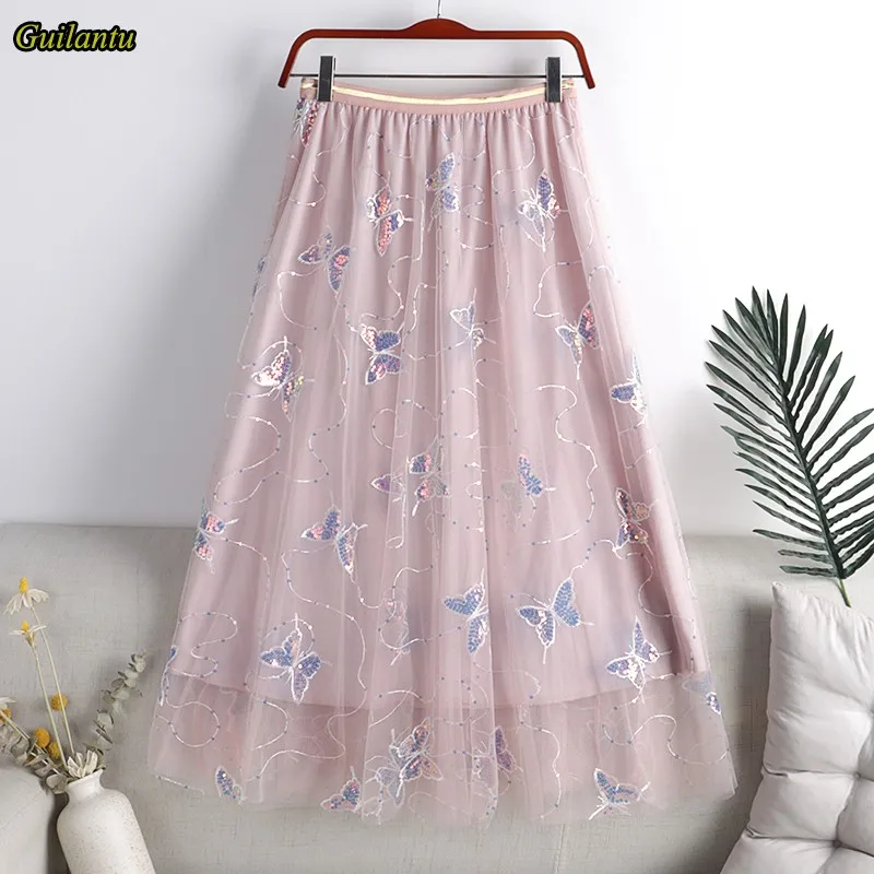 

Guilantu летняя сетчатая Вышивка Бабочка с блестками длинная юбка Женская эластичная Тюлевая юбка с высокой талией Корейская Повседневная тен...