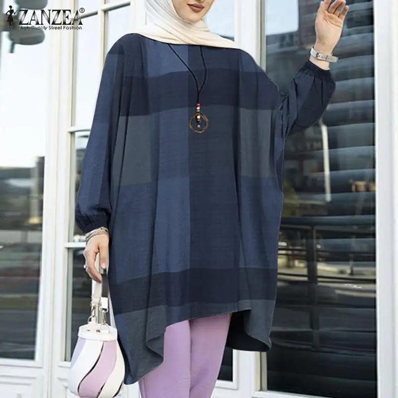 

ZANZEA Women Check Print Muslim Blouse Casual Turkish Blusa Chemise Mujer Tops Loose Round Neck Long Sleeve Tunic Thin Blusas