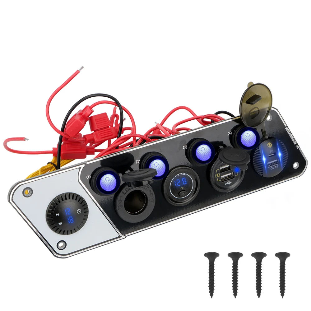 

Cigar Lighter for Car Marine 4 Gang Switch Panel Charger Socket QC3.0 PD Dual USB Digital Voltmeter Clock Waterproof