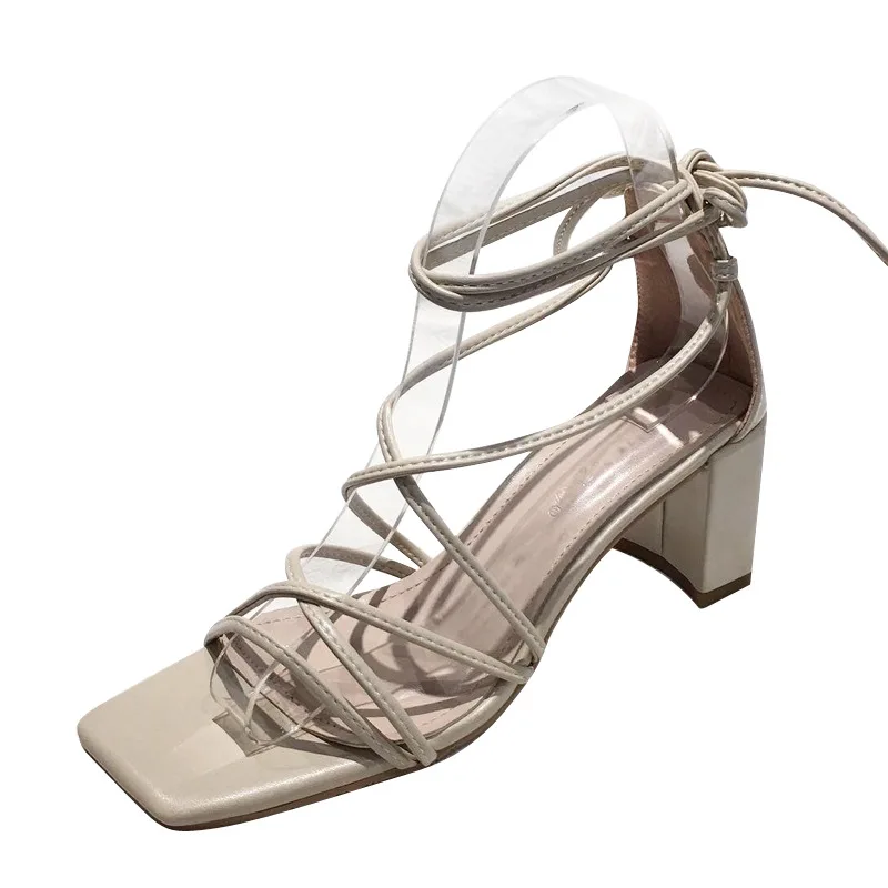 

Sandals women's shoes high heel shoes thick heel bandage 2020 summer new Korean fashion one word open toe square shoes