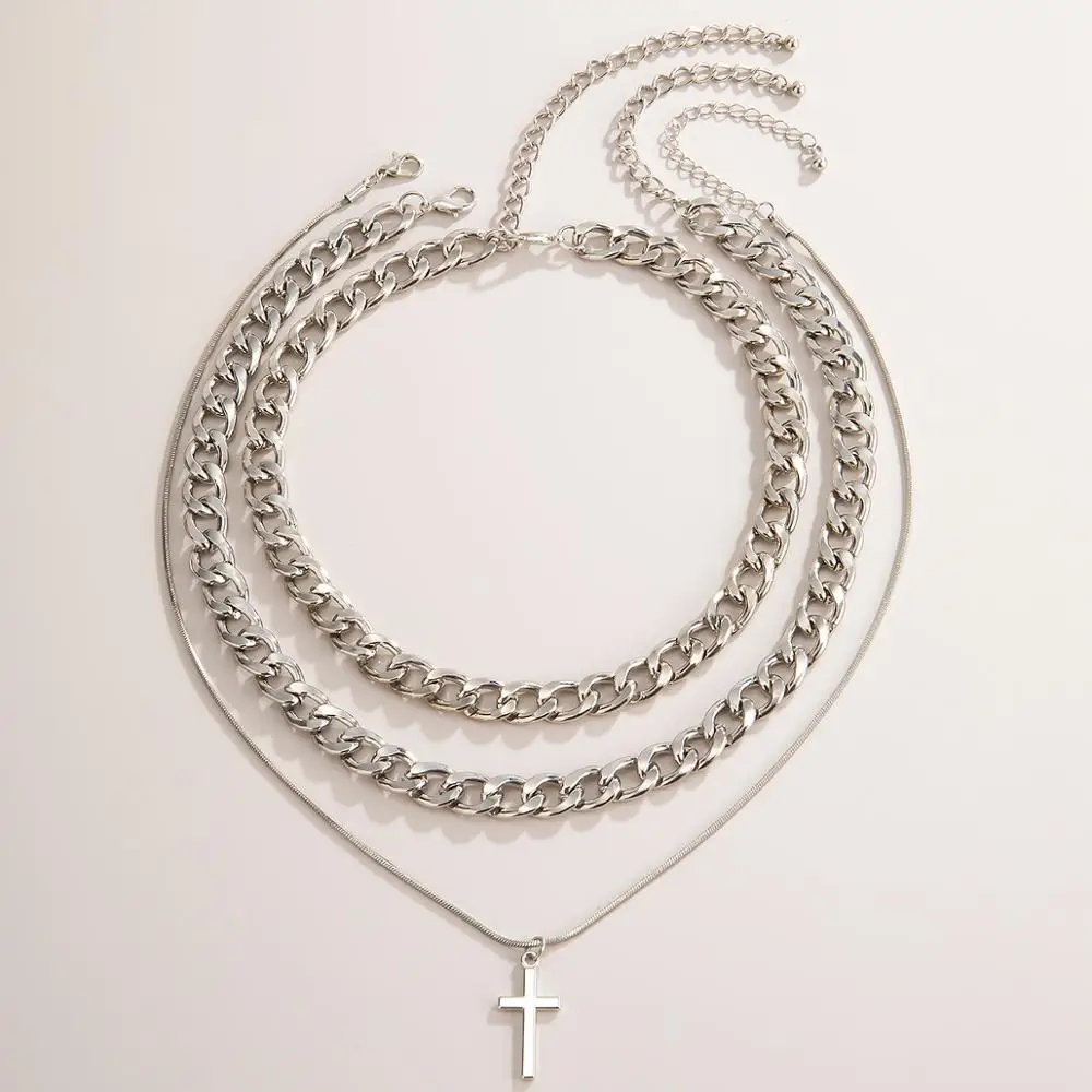 

IngeSight.Z 3Pcs/Set Multi Layered Cross Pendant Necklaces Goth Gothic Curb Cuban Link Chain Choker Necklaces for Women Jewelry