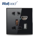 Wallpad L6 5 отверстий универсальная настенная розетка ЕС и Великобритании 2.1A двойной USB порт для зарядки светодиодный индикатор черная панель из закаленного стекла