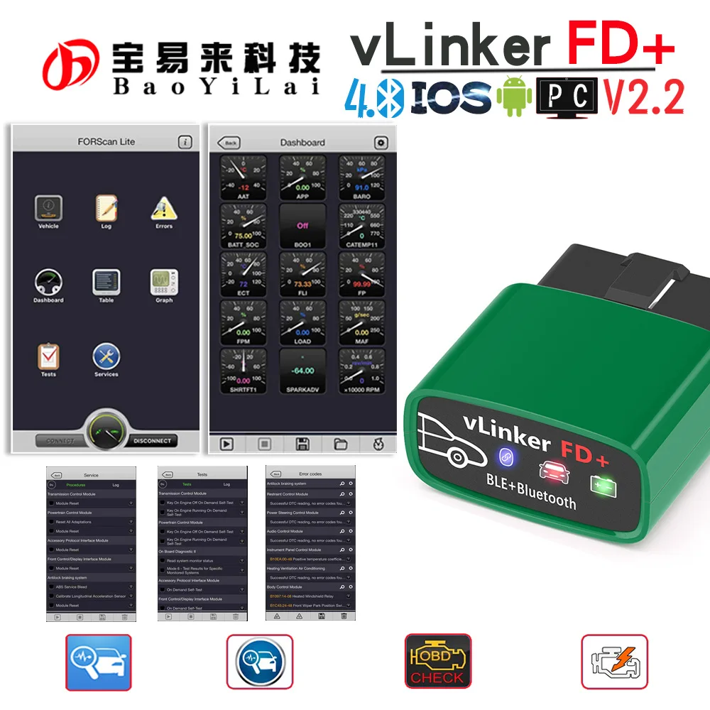 

VLINKER FD + V2.2 версия BLE 4,0 Bluetooth для FoRscan Поддержка Android Apple