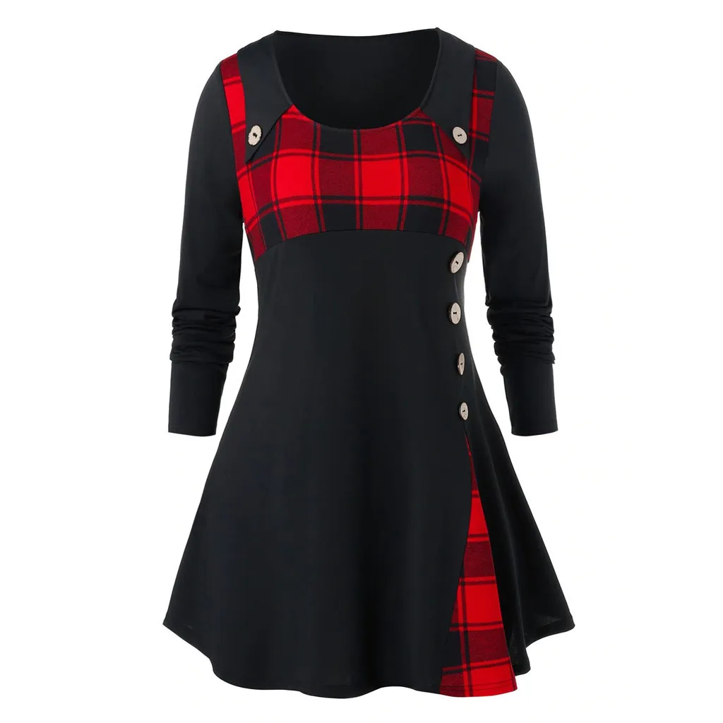 

L-5XL Plus Size Women Clothing Winter O-Neck Long Sleeve Blouse Pliad Print Tunic Shirts Button Pachwork Tops Blouse blusa