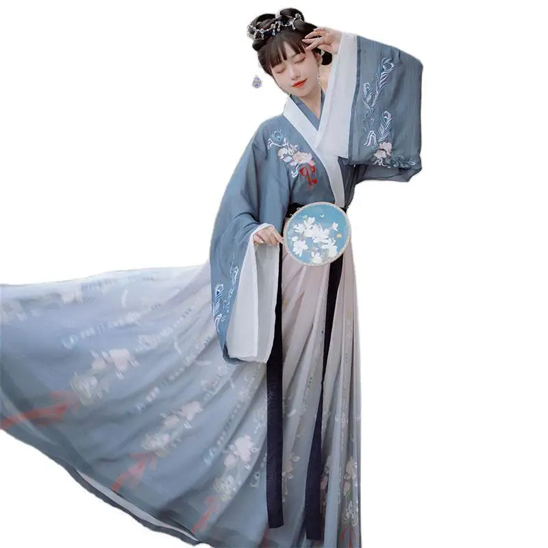 

Classic Chinese Ancient Women Clothing Cross Collar New Arrival Traditional Hanfu Long Blue Flower Performance Tang Suit