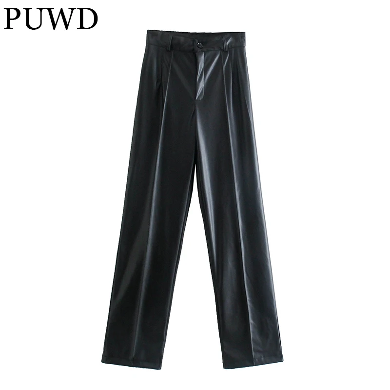 

PUWD Casual Women Faux Leather High Waist Straight Pants 2021 Fall Winter Fashion Retro Wild Trousers Loose Female Chic Bottoms