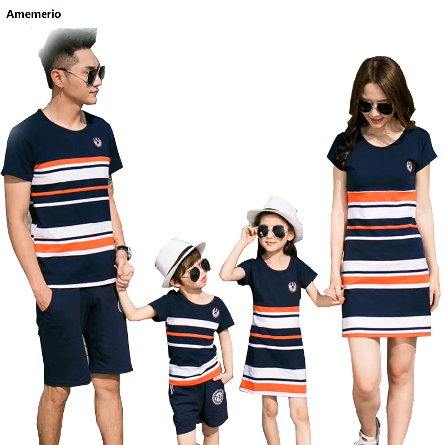 

2020 Summer Striped T-shirt Outfits Mother And Daughter Dresses And Father Son Baby Boy Girl Family Matching Family Outfits