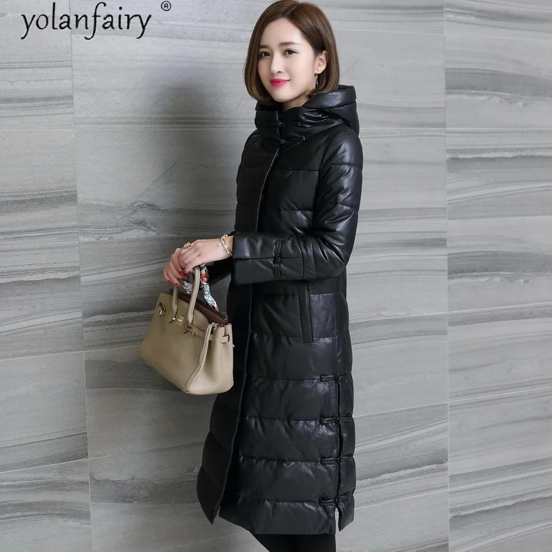 

Genuine Leather Duck Down Jacket Women Hooded Winter Natural Sheepskin Coat Female Long Warm Woman Parkas Slim 2020 16036 KJ5808