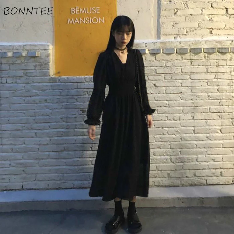 

Dress Women Autumn Chic Simple Elegant Puff Sleeve Vintage Black Ladies Streetwear Party Daily V-neck Female Clothing Vestidos