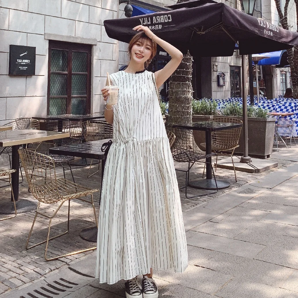 Платье в полоску с круглым вырезом и пряжкой сзади 2020-03 | Женская одежда