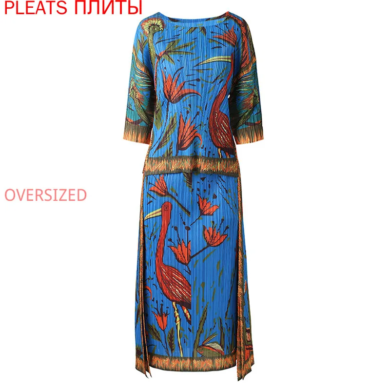 Fashion Suit Female Summer New Style Temperament Digital Printing Miyake Pleated Mid-length Skirt Two-piece Suit Two Piece Set
