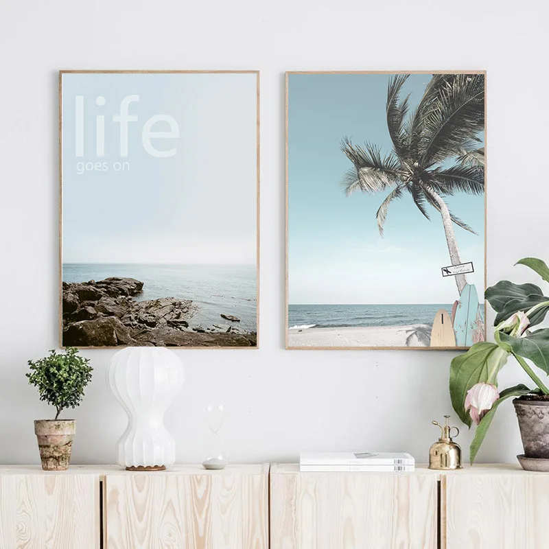 Постер для путешествий Гавайский пляж автобус доска серфинга пейзаж с пальмами