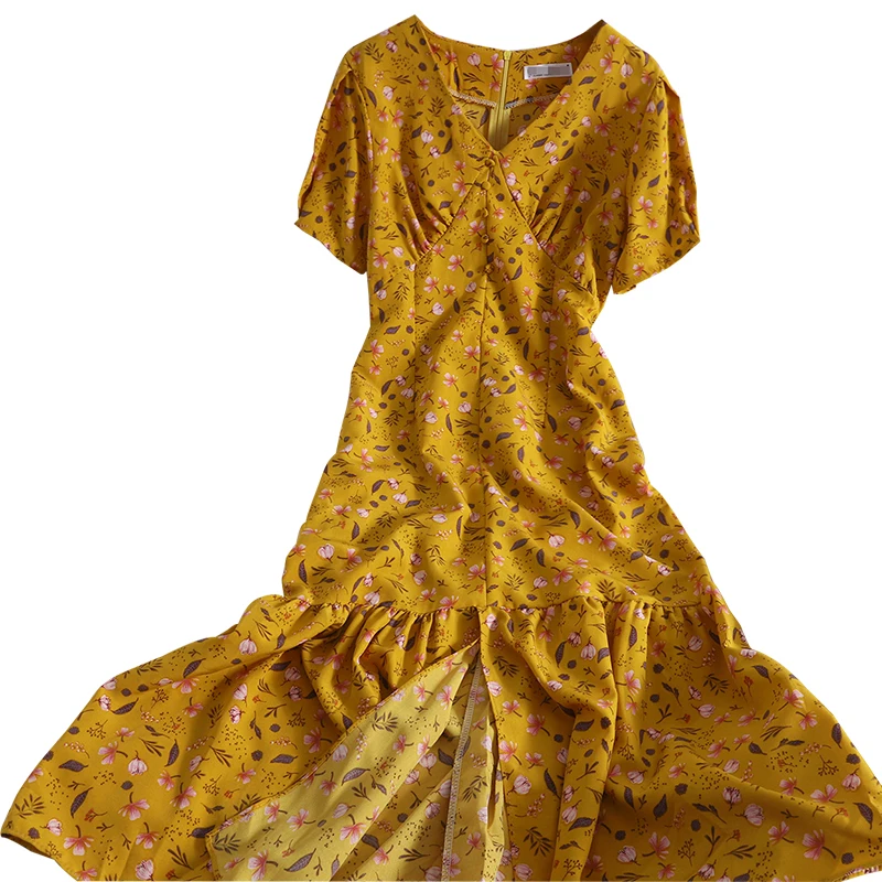 

Button v neck Split ruffled long dress for womens temperament sweet floral summer dress breasted vintage party dress female