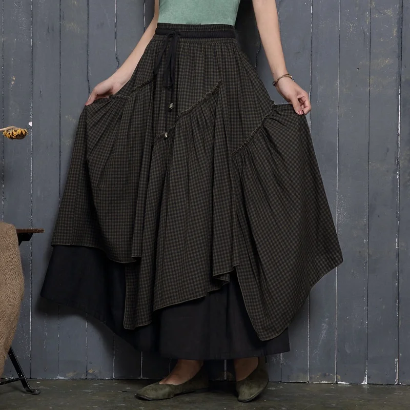 Женская хлопковая юбка Весенняя Асимметричная в клетку с высокой талией | одежда