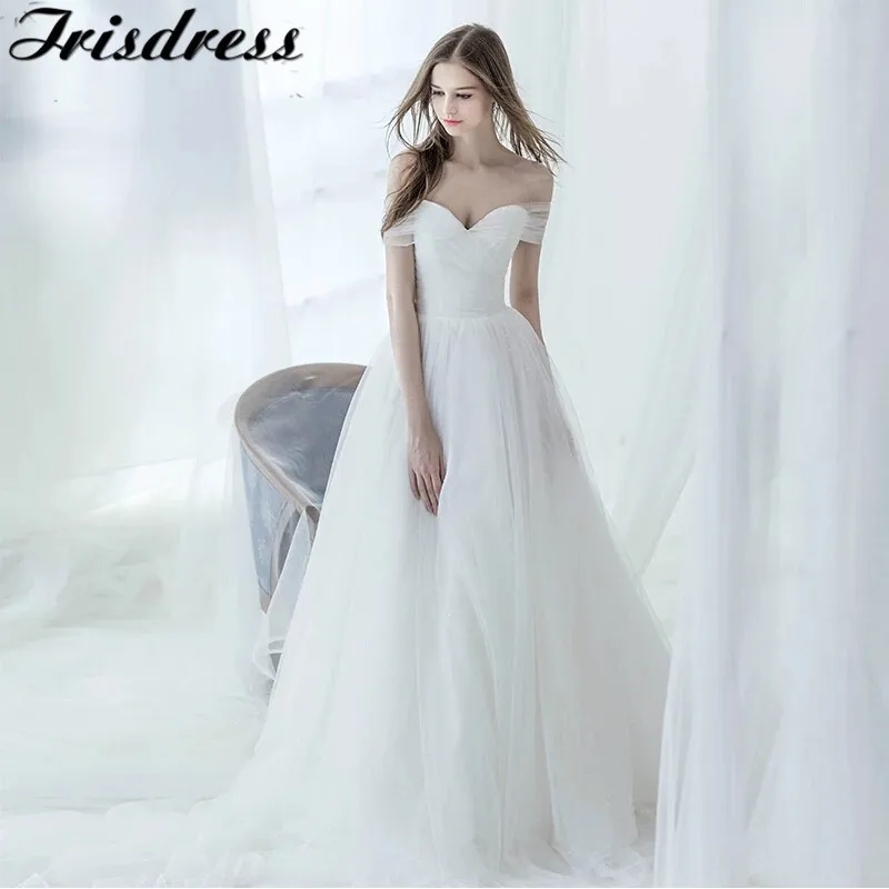 

Женское свадебное платье с открытыми плечами, длинное платье в стиле бохо из мягкого фатина, а-силуэт, формальное платье до пола, пляжная оде...