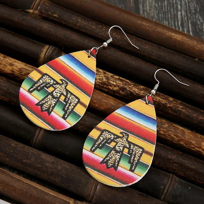 

Double Side Rainbow Stripe Falcon Print Leather Earrings for Women 2021 New Fashion Stripe Earrings Jewelry Wholesale