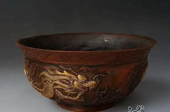 Antique bronze copper gilt bronze bowl bowl decorative craft gift decoration Feng Shui Shuanglong antiques and Collecti