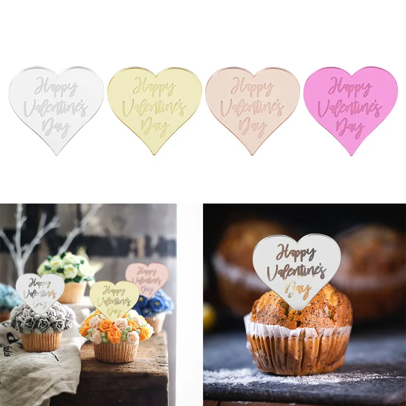 

5pcs Happy Valentine's Day Cake Topper Acrylic Heart Love Cupcake Topper Wedding Valentine's Day Party Baking Cake Decorating